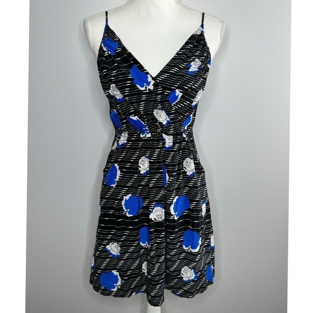 Yumi Kim Silk Dress Small Floral Print Black Blue Spaghetti Strap V-Neck Mini
